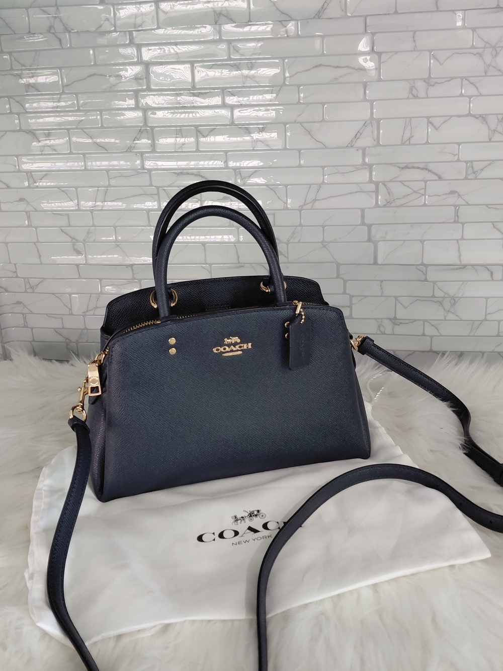 COACH Navy Leather Satchel Handbag with Gold Hardware